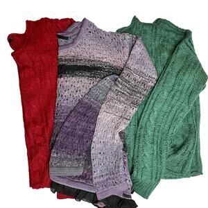 3 Kensie Sweater Bundle Crochet Cable Open Knit Long Sleeve Purple Red Green S M